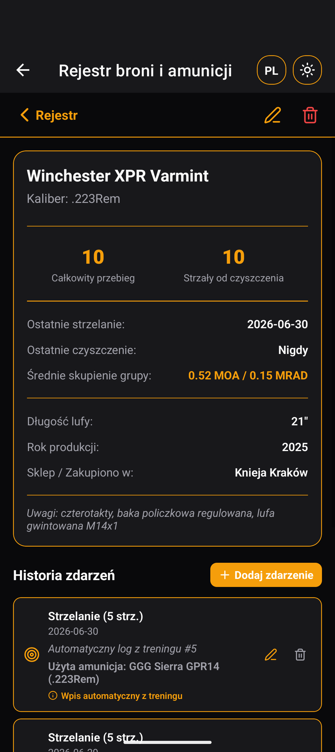Rejestr 3 - Szczegóły broni